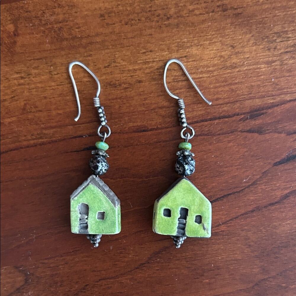 Artisan Green House Ceramic Earrings with Sterling Silver Hooks, Super Cute!